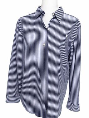 NWT Ladies Cotton Chaps Navy and White Vertical Stripe Dress Shirt. Size XL
